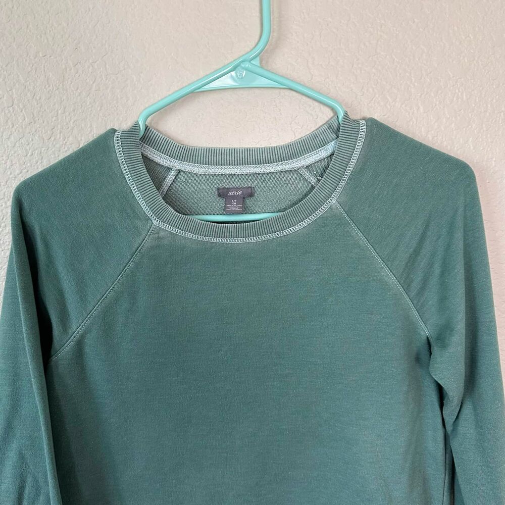 Aerie Distressed Crewneck Sweatshirt Small Green Raglan Fleece Pullover Lounge - Picture 2 of 6